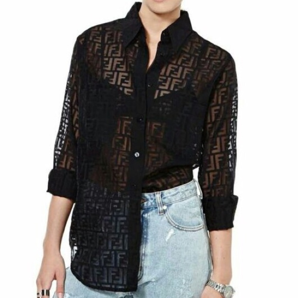 Fendi vintage silk monogram logo sheer blouse
